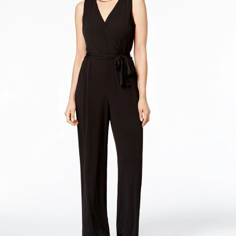 NY Collection women PM black surplice belted wide-leg jumpsuit sleeveless. - Picture 2 of 2
